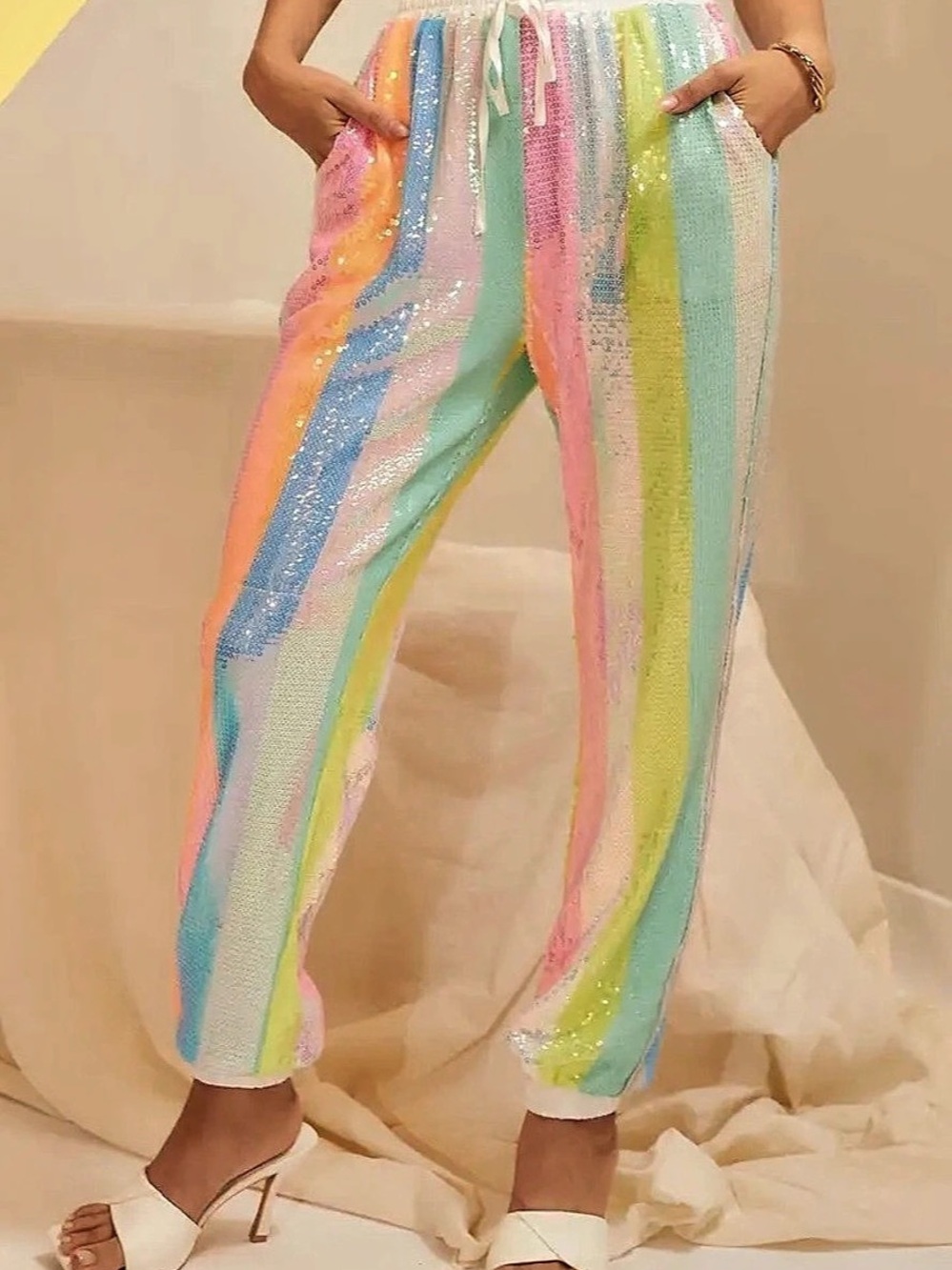 Multicolor Sequin Striped Pants New